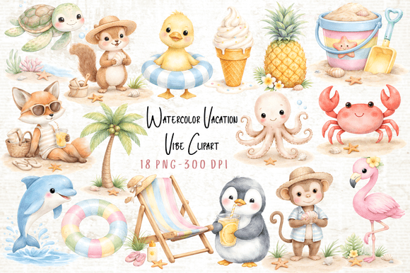 Download Watercolor Vacation Vibe Clipart PNG - Premium Bundle
