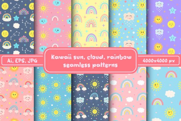 Download Kawaii Sun, Cloud, Rainbow Patterns Set - Rainbow Collection