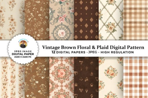 Download Brown Floral &amp; Plaid Digital Patterns - Digital patterns Collection