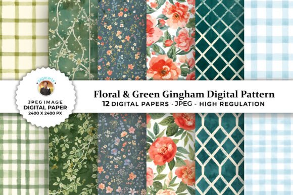 Download Floral &amp; Green Gingham Digital Patterns - Digital patterns Collection